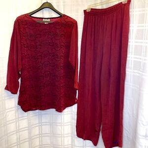 Yasuko Embroidered Long Tunic Top and Matching Wide Leg Pull On Pants Set S/M